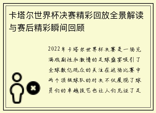 卡塔尔世界杯决赛精彩回放全景解读与赛后精彩瞬间回顾