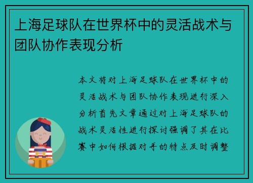 上海足球队在世界杯中的灵活战术与团队协作表现分析